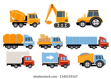 Construction and cargo transport set, heavy equipment, construction vehicles vector Illustrations on a white background