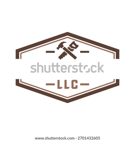 A construction or carpentry business vintage-style hexagonal logo featuring a crossed hammer and hand saw, with "LLC" text, suggesting a construction or carpentry business.