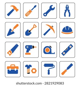 Construction and carpentry hand tool square button icon set featuring repair equipment vector elementsConstruction and carpentry hand tool square button icon set featuring repair equipment vector elements