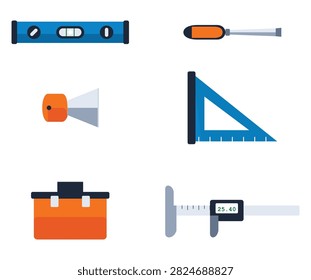 Construction and Carpentry Tools Flat Vector Icon Set featuring Level Toolbox Caliper Square and Chisel
