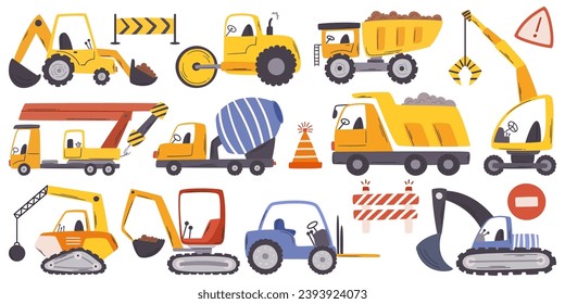 Construction Cars Vary From Excavators And Bulldozers To Cranes And Dump Trucks. Each Serves A Specific Purpose, Working To Build And Shape Structures In Urban Landscape. Cartoon Vector Illustration