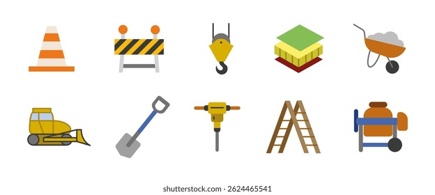 Conjunto de ícones de desenho animado de construção. Ferramentas de construção e equipamentos ilustração vetorial colorida. Símbolos de segurança, maquinaria e reparação do local. Elementos industriais para projetos de arquitetura e de concepção de estradas.