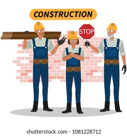 Construction cartoon set workers team Group of industrial people characters