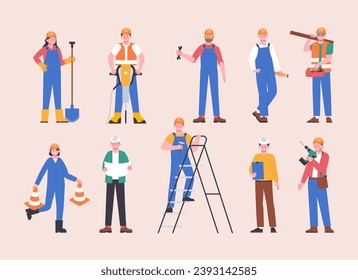 Construction characters in helmets and uniform. Builders at work, male and female employees. Repairmen, road workers, splendid vector clipart