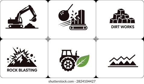 Construction and chart heavy machinery, excavator, and industrial works icons.