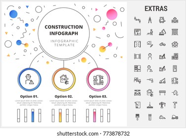 Construction circle infographic template, elements and icons. Infograph includes customizable bar charts, line icon set with construction worker, builder tools, repair person, house building etc.