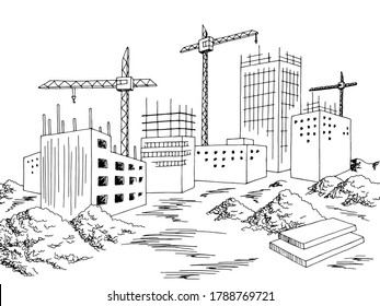 Construction city building exterior graphic black white cityscape skyline sketch illustration vector