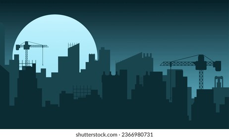 Construction city landscape at night vector illustration. Silhouette of industrial cityscape. City landscape for background, wallpaper or landing page. Construction skyline building illustration