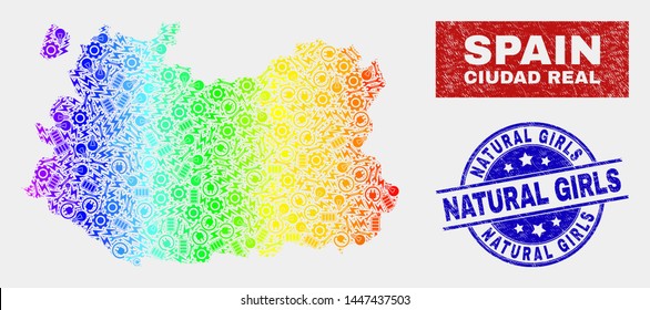 Construction Ciudad Real Province map and blue Natural Girls textured seal stamp. Rainbow colored gradient vector Ciudad Real Province map mosaic of production items. Blue round Natural Girls stamp.