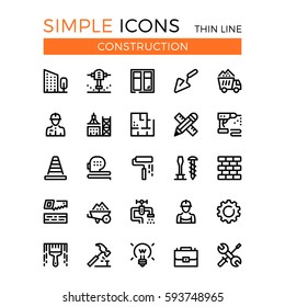 Construction, civil engineering, building vector thin line icons set. 32x32 px. Line graphic design concepts for websites, web design, mobile app, infographics. Pixel perfect vector outline icons set.