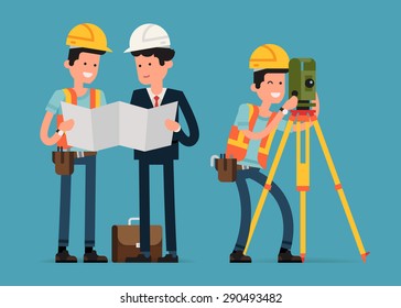 Construction and civil engineering industry characters featuring construction worker, architect and land surveyor interacting 