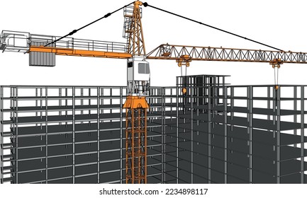 ingeniería civil de construcción con grúa de torre y estructura de cuadro 3D color de esbozo de línea de ilustración
