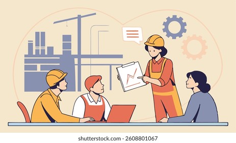 Construction Collaboration: A group of diverse construction workers and supervisors gather in a meeting, reviewing the blueprints of a project while wearing hard hats and construction work suits