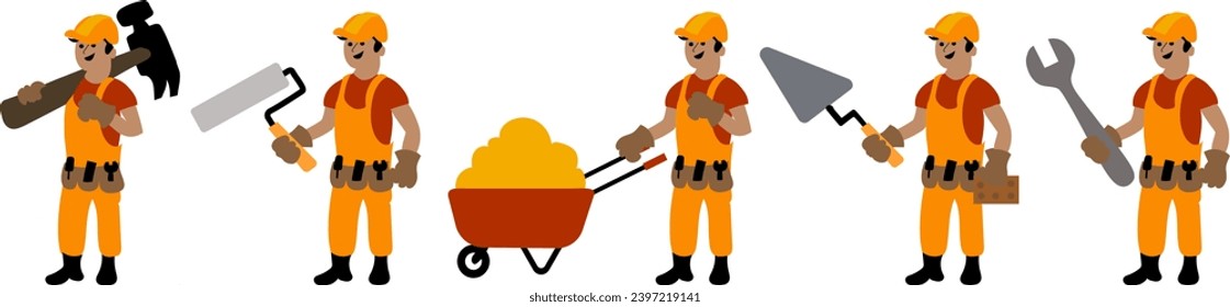 Construction. Collection. A builder in a hard hat holds in his hand a hammer, a wrench, a trowel, a paint roller and a wheelbarrow with sand. Cartoon. Illustration without outline on a transparent bac