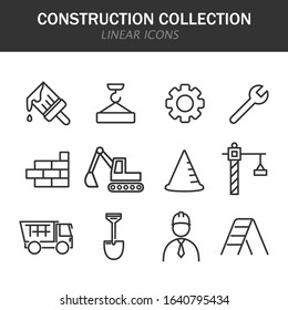 Construction collection linear icons in black on a white background