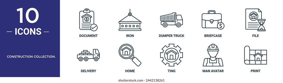 colección de construcción. conjunto de iconos de esquema incluye documento de línea fina, hierro, camión volquete, maletín, archivo, entrega, iconos de inicio para informe, presentación, diagrama, diseño web