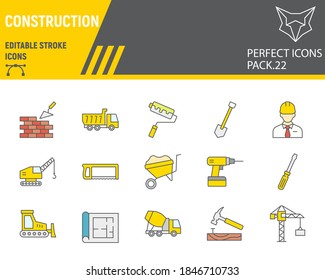 Construction color line icon set, repair collection, vector sketches, logo illustrations, construction icons, building equipment's signs filled outline pictograms, editable stroke.