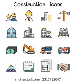 Conjunto de iconos de la línea de color de construcción