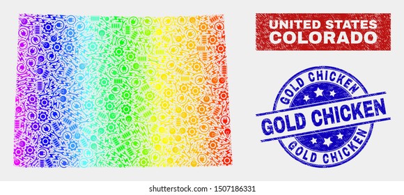 Construction Colorado State map and blue Gold Chicken scratched seal. Spectral gradient vector Colorado State map mosaic of workshop parts. Blue round Gold Chicken seal.