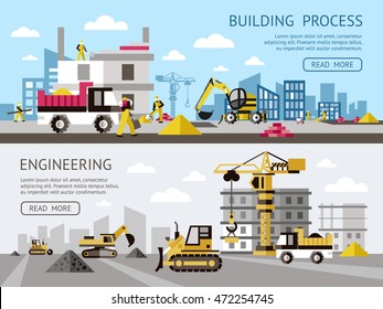 Construction colored banner set with building process and engineering descriptions plus buttons vector illustration