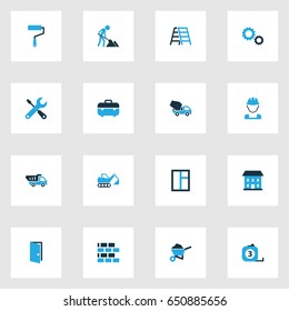 Construction Colorful Icons Set. Collection Of Gear, Cement Vehicle, Screwdriver And Other Elements. Also Includes Symbols Such As Stairs, Pass, Tipper.