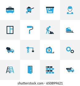 Construction Colorful Icons Set. Collection Of Tip Truck, Maintenance, Wall And Other Elements. Also Includes Symbols Such As Concrete, Paint, Gear.