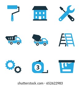 Construction Colorful Icons Set. Collection Of Gear, Stairs, Paint And Other Elements. Also Includes Symbols Such As Bucket, Mixer, Screwdriver.