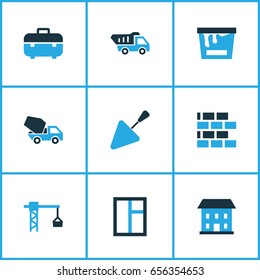 Construction Colorful Icons Set. Collection Of Tip Truck, Paint, Building And Other Elements. Also Includes Symbols Such As House, Concrete, Glass.