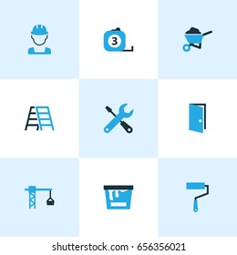 Construction Colorful Icons Set. Collection Of Stairs, Measure Tool, Lifting Hook And Other Elements. Also Includes Symbols Such As Team, Car, Door.