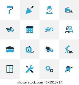 Construction Colorful Icons Set. Collection Of Stairs, Paint Roller, Building And Other Elements. Also Includes Symbols Such As Building, Maintenance, Climbing.