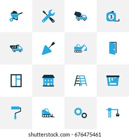 Construction Colorful Icons Set. Collection Of Dozer, Measure Tool, Lifting Hook And Other Elements. Also Includes Symbols Such As House, Concrete, Wrench.