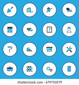 Construction Colorful Icons Set. Collection Of Building, Putty Knife, Barrow And Other Elements. Also Includes Symbols Such As Wall, Cogwheel, Glass.