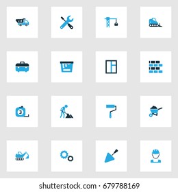 Construction Colorful Icons Set. Collection Of Glass, Paint, Wall And Other Elements. Also Includes Symbols Such As Trowel, Tip, Shovel.