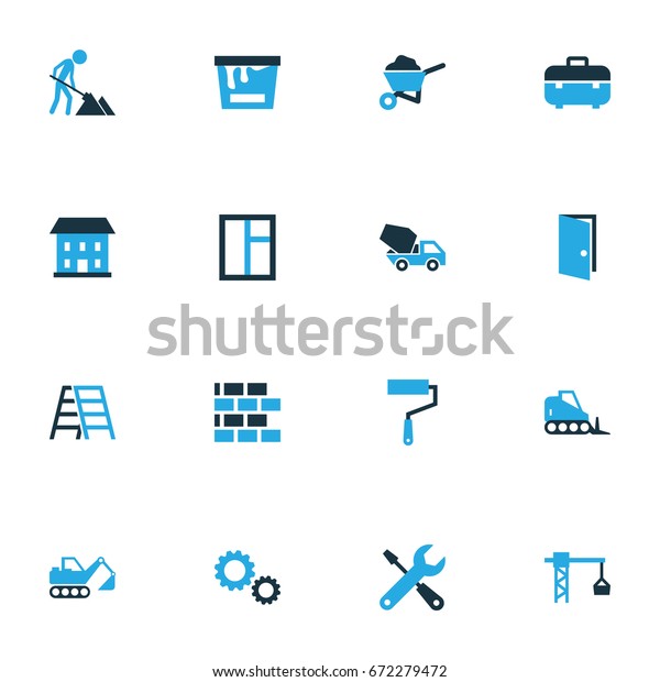 Construction Colorful Icons Set. Collection\
Of Cement Vehicle, Maintenance, Gear And Other Elements. Also\
Includes Symbols Such As Barrow, Masonry,\
Maintenance.