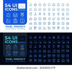 Construção de ícones de ui de linha colorida definido para o modo claro e escuro. Setor público, casas. Residências municipais. Pacote de símbolos lineares duotônicos vetoriais. Elementos da interface do usuário, pixel perfect