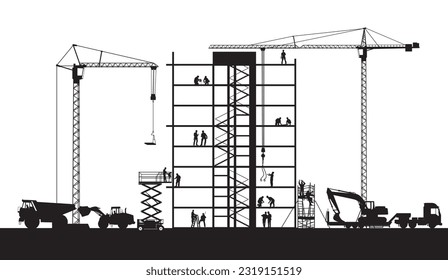 Construction company with builders and construction machines illustration