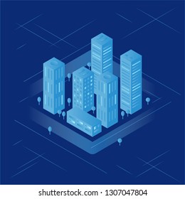 Construction company concept. Vector illustration of city with buildings, skyscrapers. Urban cityscape in modern isometric style.