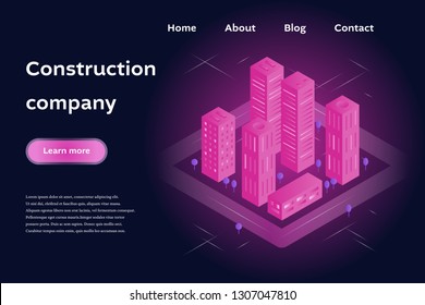 Construction company concept. Vector illustration of city with buildings, skyscrapers. Urban cityscape in modern isometric style.