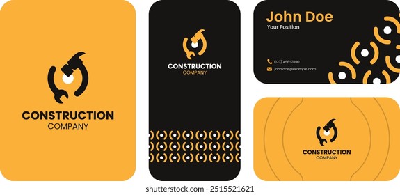 Logotipo de la empresa de construcción, diseño de tarjeta de visita, esquema de color negro y amarillo, logotipo de martillo y llave, identidad Corporativa, marca de Profesional, patrones geométricos Abstractas