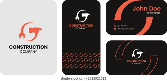 Logotipo de la empresa de construcción, diseño de tarjeta de visita, esquema de color negro y naranja, logotipo de martillo y llave, identidad Corporativa, marca de Profesional, patrones geométricos Abstractas