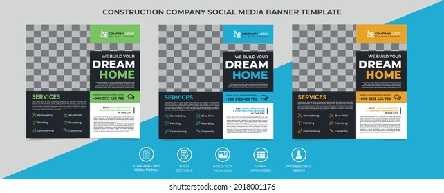 construction company social media banner template design, an image can be placed in the design. fully editable, well organized, eye catchy template. vector square banner, eps 10.