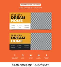 construction company social media timeline cover template design with an image placement, orange black and white color used in the design. two color variation, web banner. editable, organized. vector 