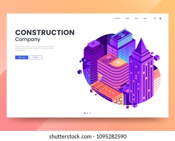 Construction company web page template. Vector city isometric with high-rise buildings in gradient colors. Modern Landing page interface design with colorful city illustration. Eps 10.