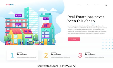 Construction company web page template. Landing page for a website about real estate business, website mobile site, home, vector illustration