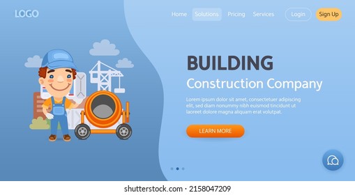 Plantilla del sitio web de la empresa de construcción. Ilustración de un trabajador del cargador de dibujos animados lleva una bolsa de cemento en un mezclador de hormigón en el lugar de construcción. Composición con un profesional. Carácter masculino plano.