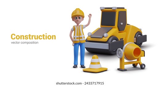 Construction concept in 3D cartoon style. Worker stands near building equipment