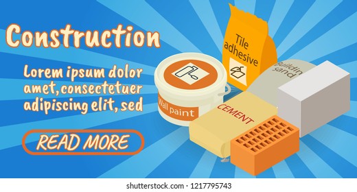 Construction concept banner. Isometric banner of construction comics vector concept for web, giftcard and postcard