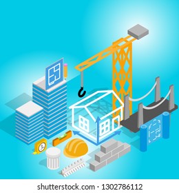 Construction concept banner. Isometric banner of construction vector concept for web, giftcard and postcard