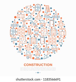 Construction concept in circle with thin line icons: builder in helmet, work tools, brickwork, floor plan, plumbing, drill, trowel, traffic cone, stepladder. Vector illustration, print media template.