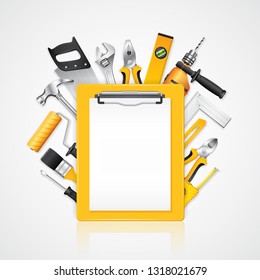 Construction concept clipboard with set all of tools supplies for tools shop service and house repair builder on white background vector illustration